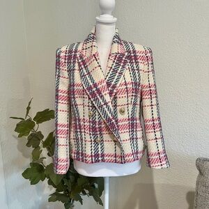 Zara Pink Blue Plaid Tweed Blazer Gold Button Textured Jacket Size Small